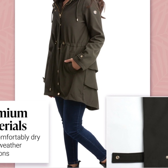 Jessica Simpson Water Resistant Softshell Long Hooded Raincoat with Ruffled Back - Picture 13 of 16
